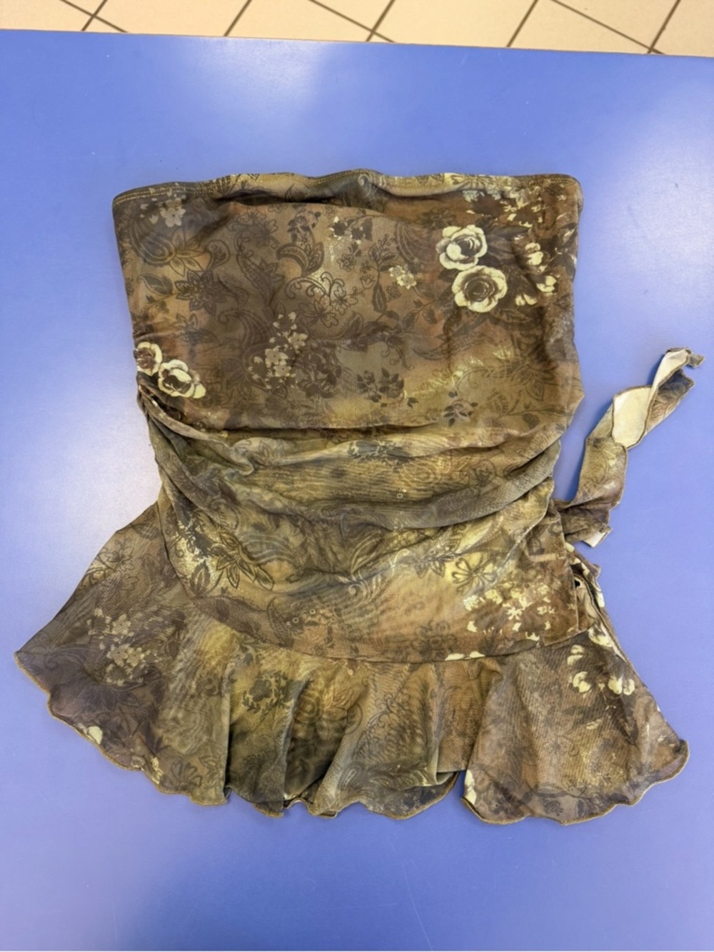 Floral Ruffled Strapless Top in Brown and Olive Tones